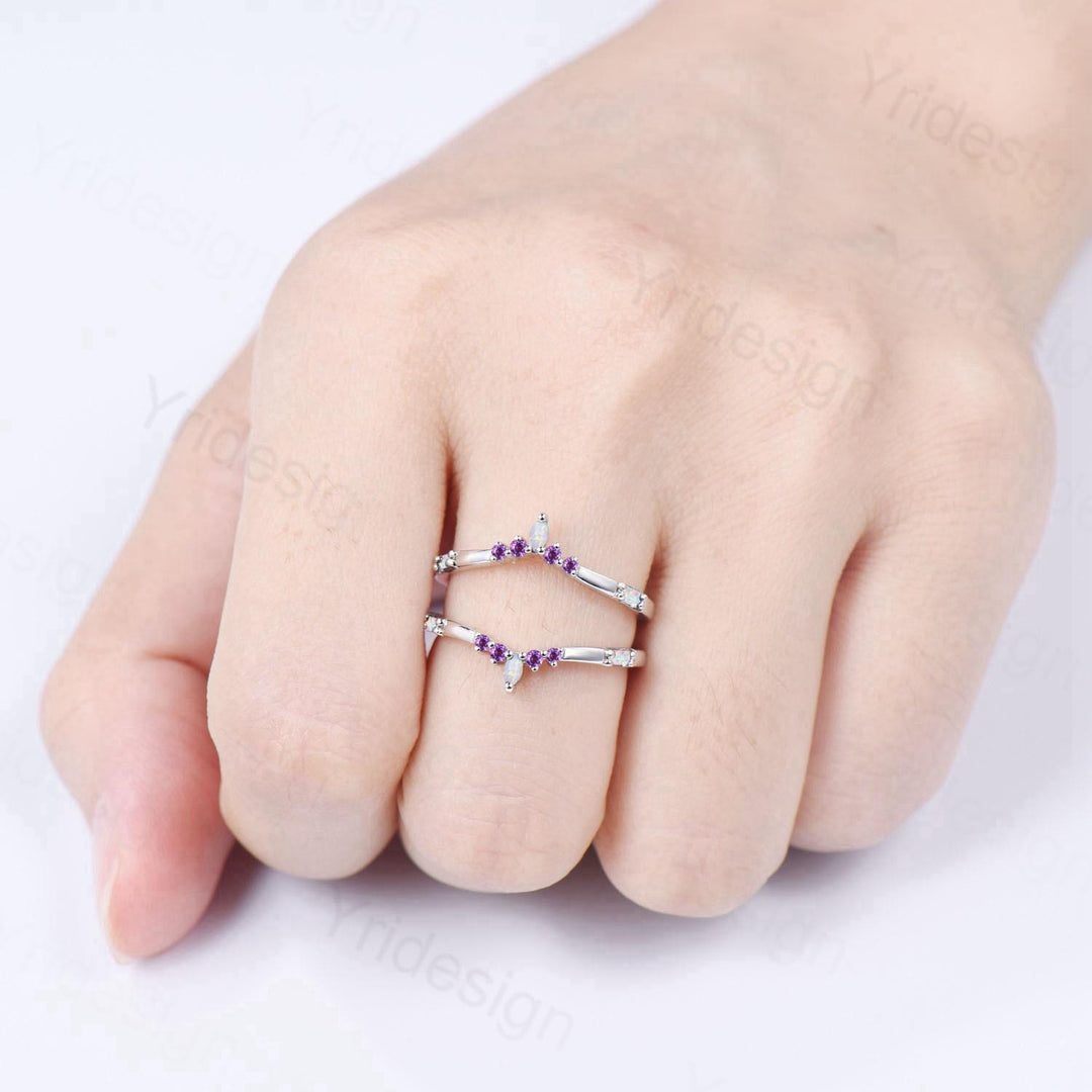 Enhancer Curved Opal Amethyst Wedding Band Sterling Silver White Gold Contour Stacking Marquise Baguette Opal Matching Ring Anniversary Gift - PENFINE