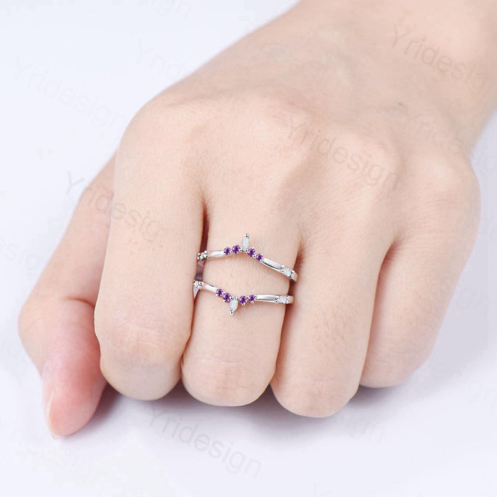 Enhancer Curved Opal Amethyst Wedding Band Sterling Silver White Gold Contour Stacking Marquise Baguette Opal Matching Ring Anniversary Gift - PENFINE