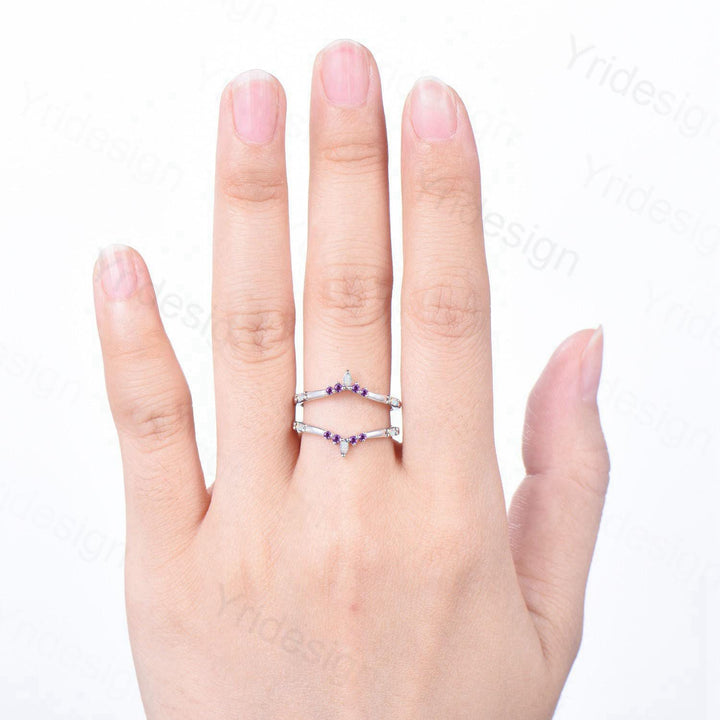 Enhancer Curved Opal Amethyst Wedding Band Sterling Silver White Gold Contour Stacking Marquise Baguette Opal Matching Ring Anniversary Gift - PENFINE
