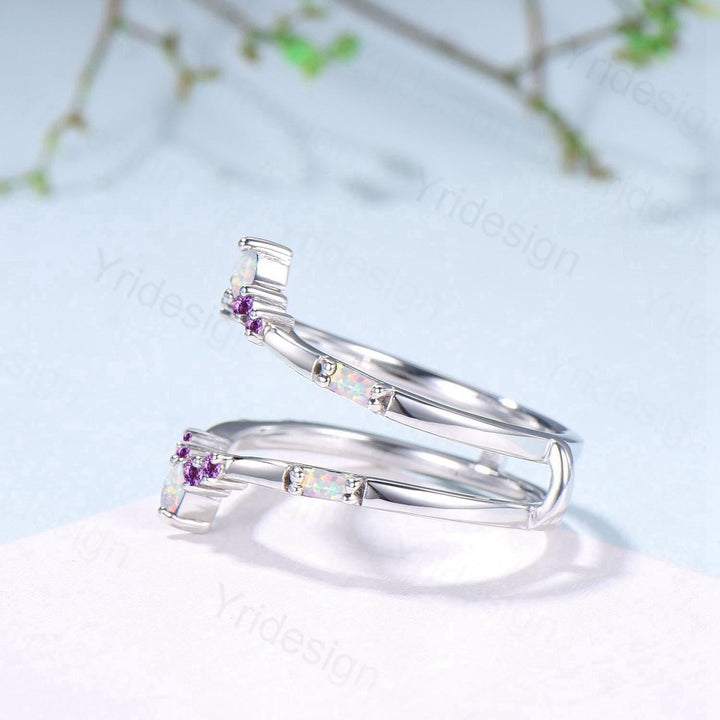 Enhancer Curved Opal Amethyst Wedding Band Sterling Silver White Gold Contour Stacking Marquise Baguette Opal Matching Ring Anniversary Gift - PENFINE