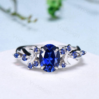 Unique 1.5CT Oval Cut Blue Sapphire Engagement Ring Vintage Moon Promise Ring Twig  Branch Vine Cluster Wedding Ring Anniversary Gift Women - PENFINE