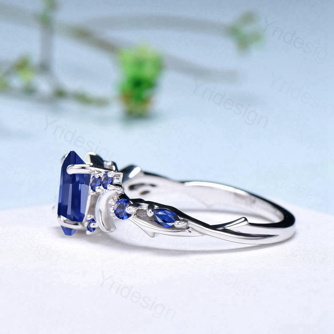Unique 1.5CT Oval Cut Blue Sapphire Engagement Ring Vintage Moon Promise Ring Twig  Branch Vine Cluster Wedding Ring Anniversary Gift Women - PENFINE