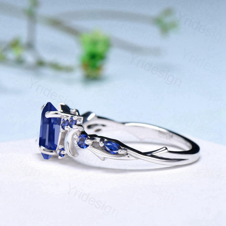 Unique 1.5CT Oval Cut Blue Sapphire Engagement Ring Vintage Moon Promise Ring Twig  Branch Vine Cluster Wedding Ring Anniversary Gift Women - PENFINE