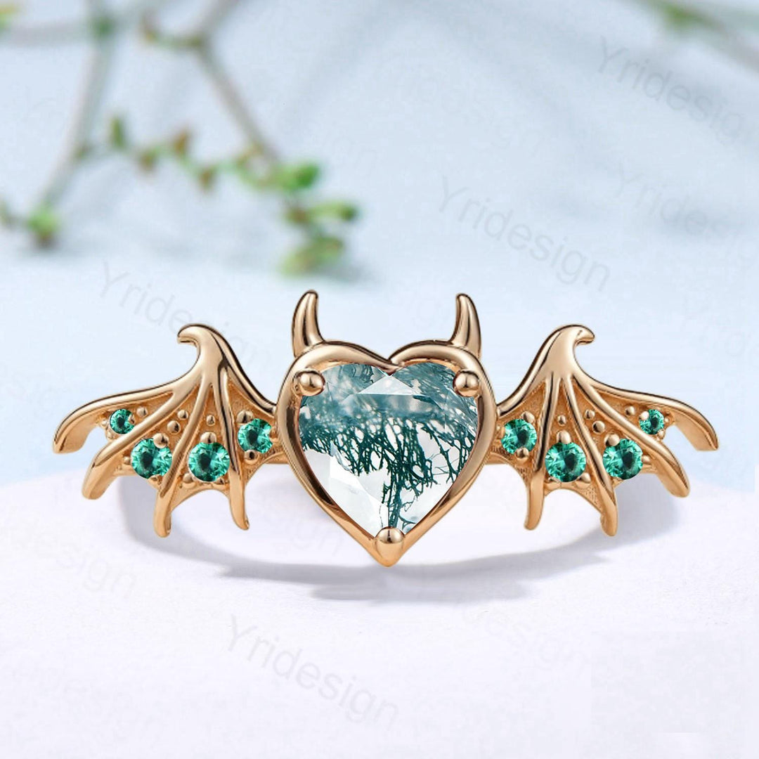 Heart Moss Agate Bat Ring, Lab Emerald Gold Fantasy Ring - PENFINE