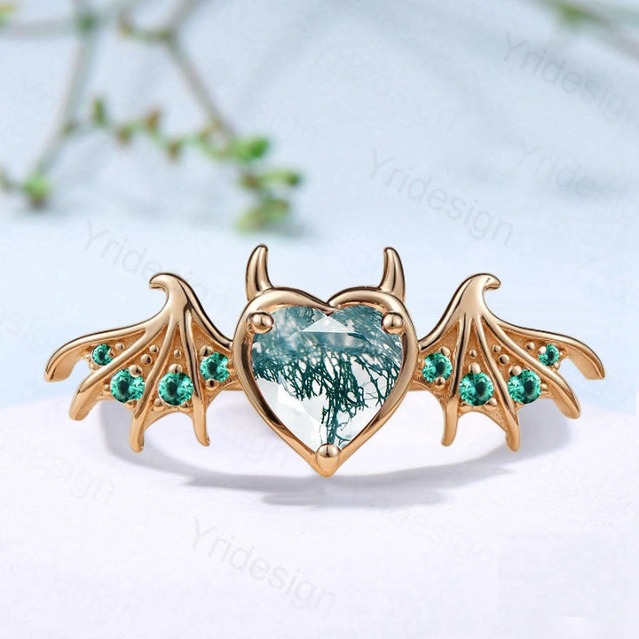 Heart Moss Agate Bat Ring, Lab Emerald Gold Fantasy Ring - PENFINE
