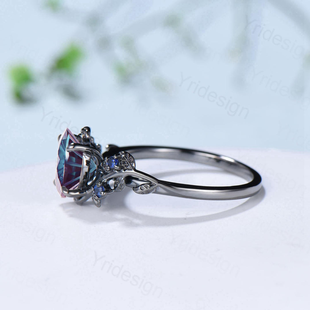Unique Black Gold Fireworks Cut Oval Cut Alexandrite Engagement Ring Nature Inspired Color Changing Leaf Vine Cluster Sapphire Wedding Ring - PENFINE