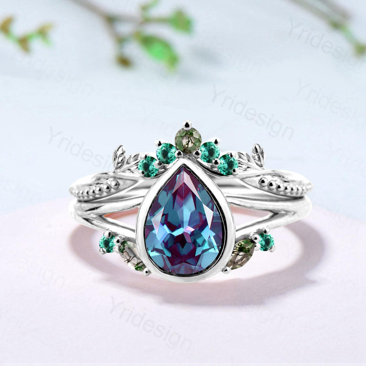 Split Shank Pear Shaped Alexandrite Engagement Ring Set, Bezel Set, Marquise Cut Moss Agate and Emerald Cluster Ring, Gold Leaf Wedding Set - PENFINE