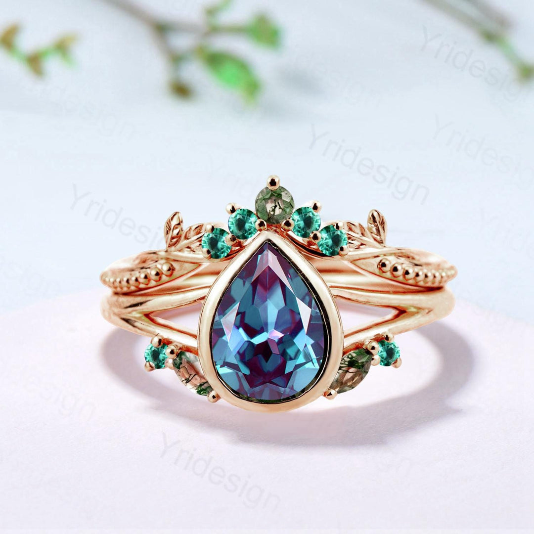 Split Shank Pear Shaped Alexandrite Engagement Ring Set, Bezel Set, Marquise Cut Moss Agate and Emerald Cluster Ring, Gold Leaf Wedding Set - PENFINE