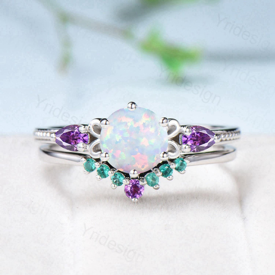 Vintage White Opal Engagement Ring Set, Pear Amethyst Emerald Accent, Milgrain 14K Gold - PENFINE