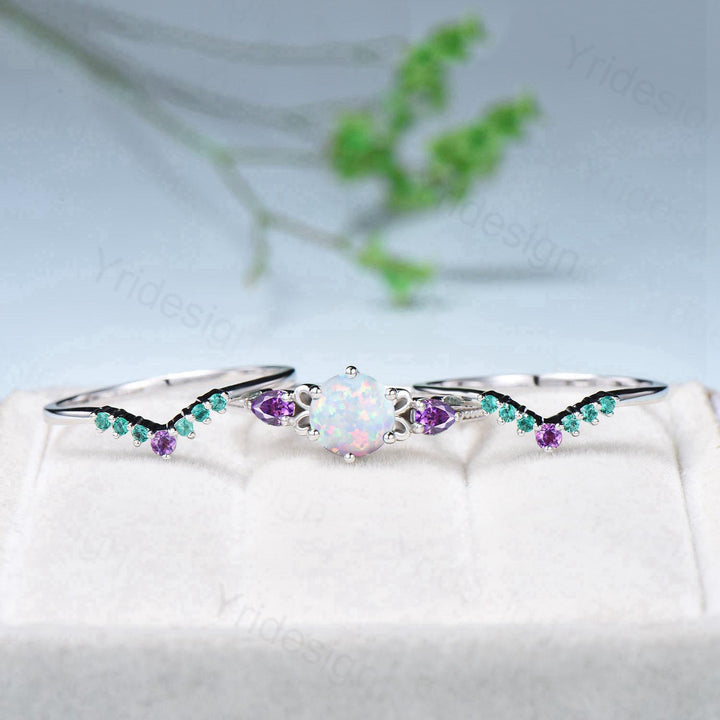 Vintage White Opal Engagement Ring Set, Pear Amethyst Emerald Accent, Milgrain 14K Gold - PENFINE