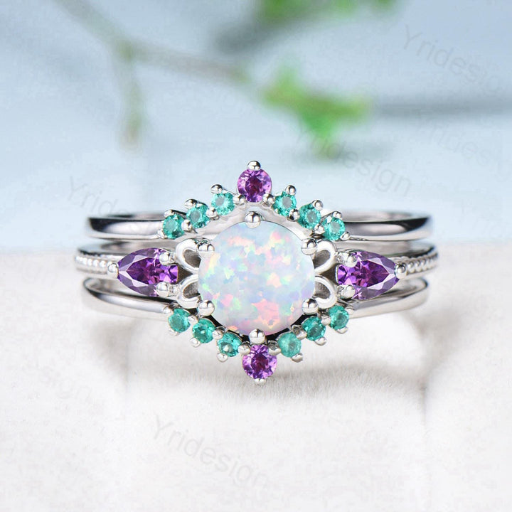 Vintage White Opal Engagement Ring Set, Pear Amethyst Emerald Accent, Milgrain 14K Gold - PENFINE