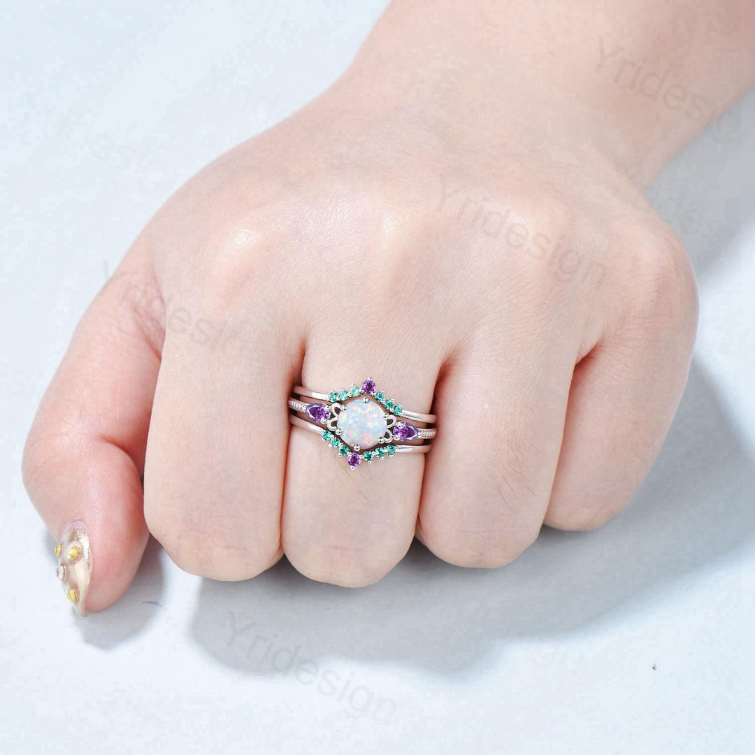 Vintage White Opal Engagement Ring Set, Pear Amethyst Emerald Accent, Milgrain 14K Gold - PENFINE