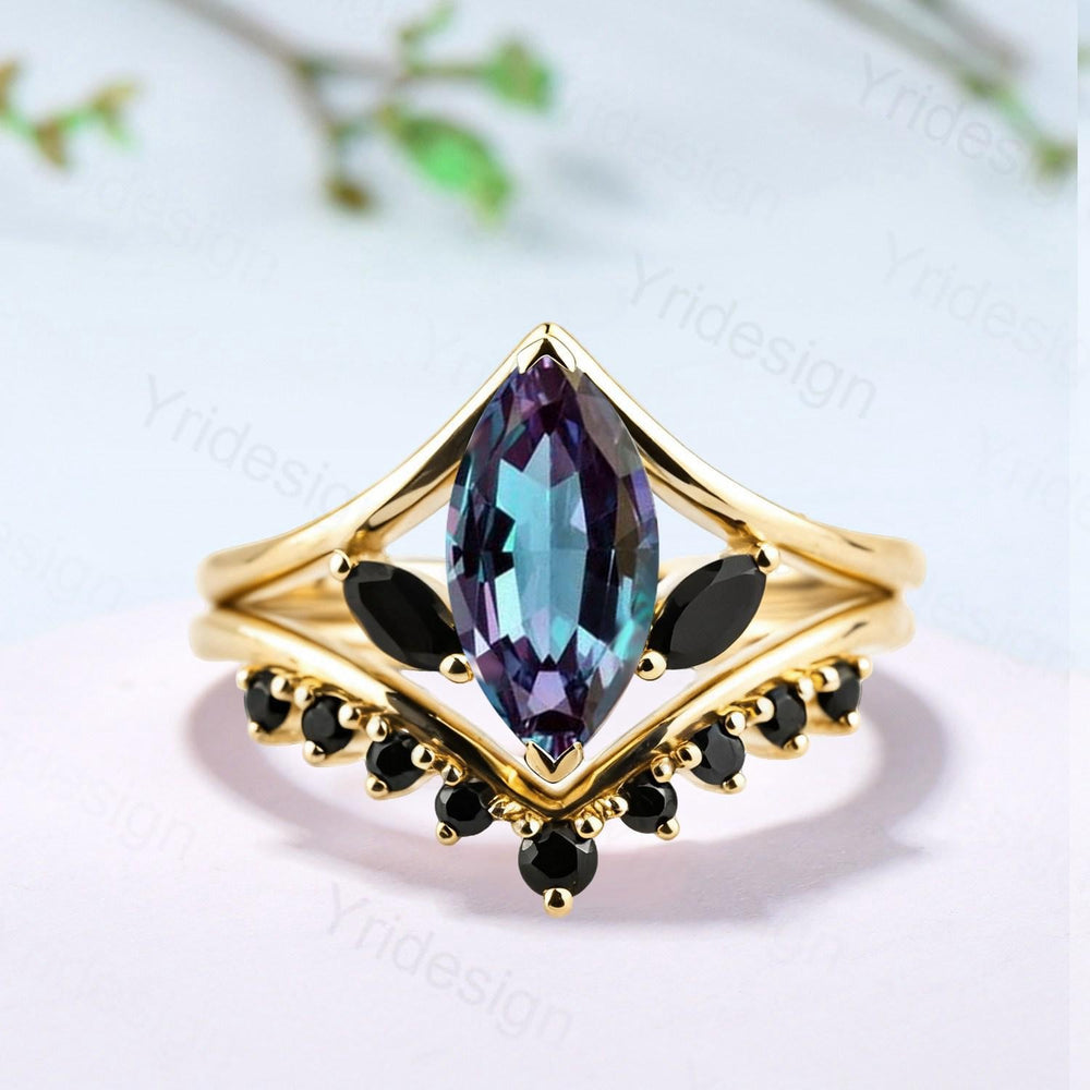 Marquise Alexandrite Engagement Ring Set, Black Spinel Accent, Vintage Style - PENFINE