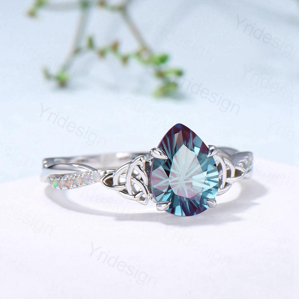 Pear Alexandrite Engagement Ring, Vintage Norse Opal Wedding Ring - PENFINE