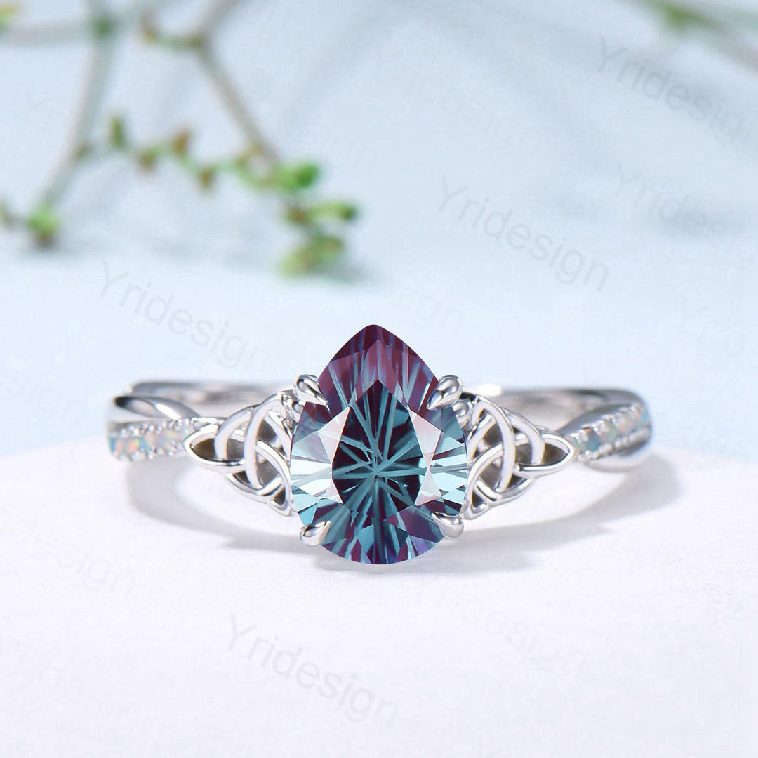 Pear Alexandrite Engagement Ring, Vintage Norse Opal Wedding Ring - PENFINE