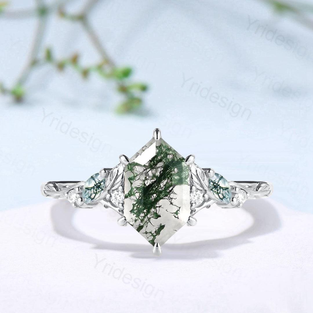 Vintage Moss Agate Engagement Ring, Marquise Wedding Ring, 14K Gold Leaf Vine - PENFINE