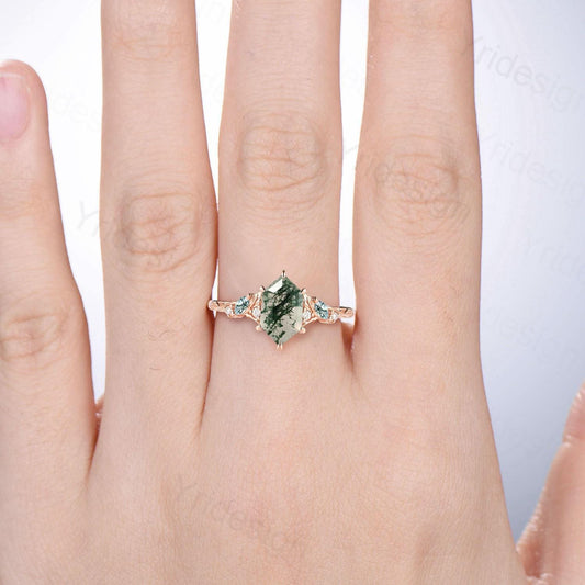 Vintage Moss Agate Engagement Ring, Marquise Wedding Ring, 14K Gold Leaf Vine - PENFINE