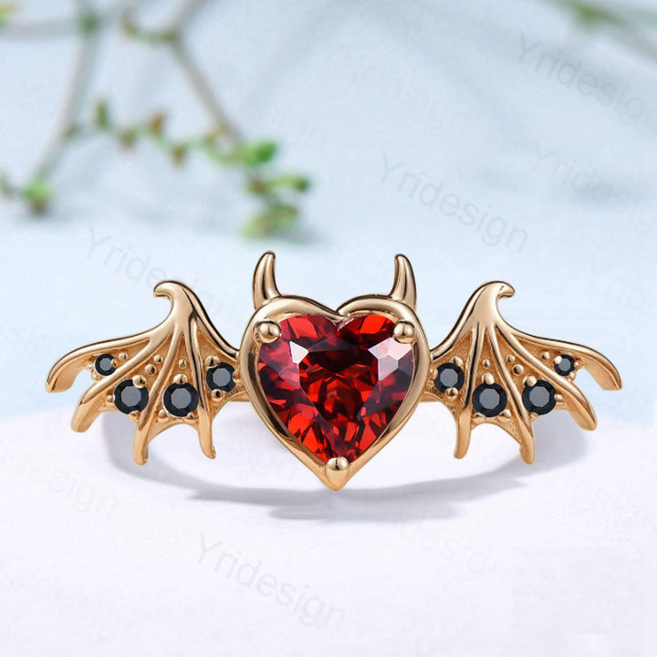 Heart Garnet Bat Wing Ring, Black Spinel Devil Engagement Ring - PENFINE