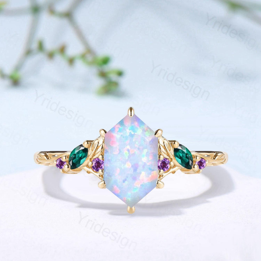 Vintage Fire Opal Engagement Ring, Marquise Emerald, Amethyst, 14K Rose Gold - PENFINE