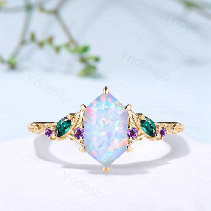 Vintage Fire Opal Engagement Ring, Marquise Emerald, Amethyst, 14K Rose Gold - PENFINE