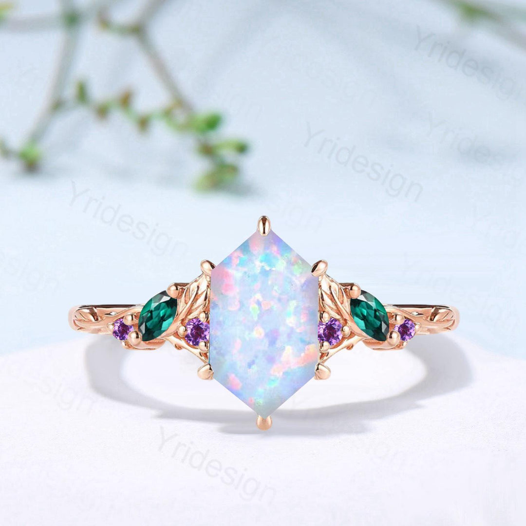 Vintage Fire Opal Engagement Ring, Marquise Emerald, Amethyst, 14K Rose Gold - PENFINE