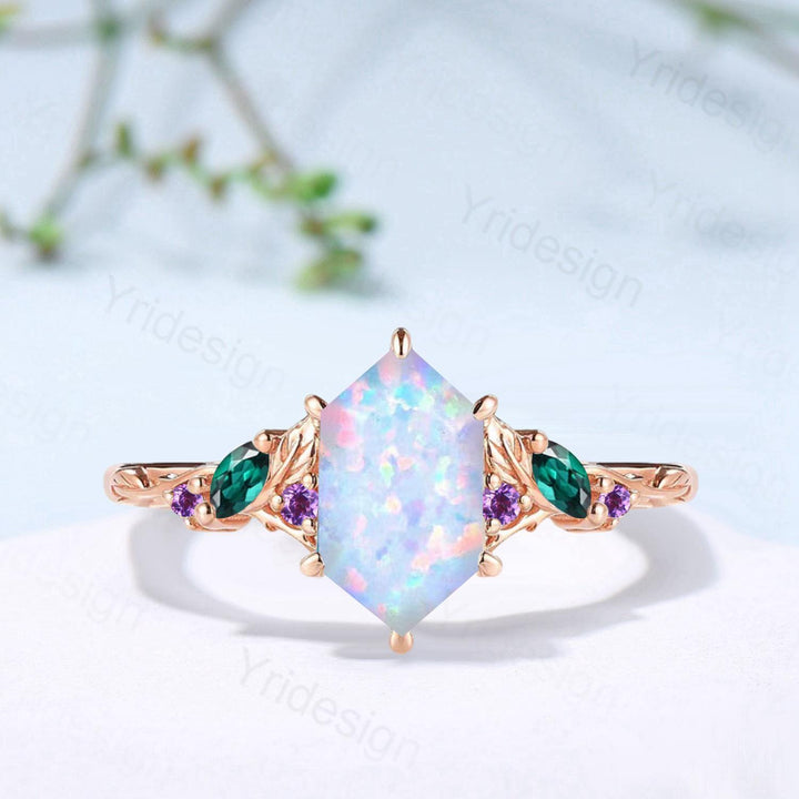 Vintage Fire Opal Engagement Ring, Marquise Emerald, Amethyst, 14K Rose Gold - PENFINE