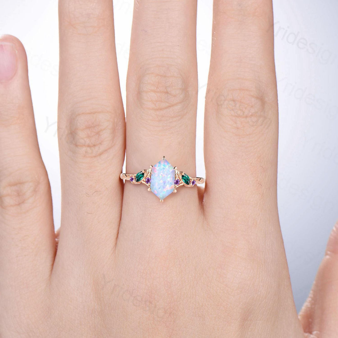 Vintage Fire Opal Engagement Ring, Marquise Emerald, Amethyst, 14K Rose Gold - PENFINE
