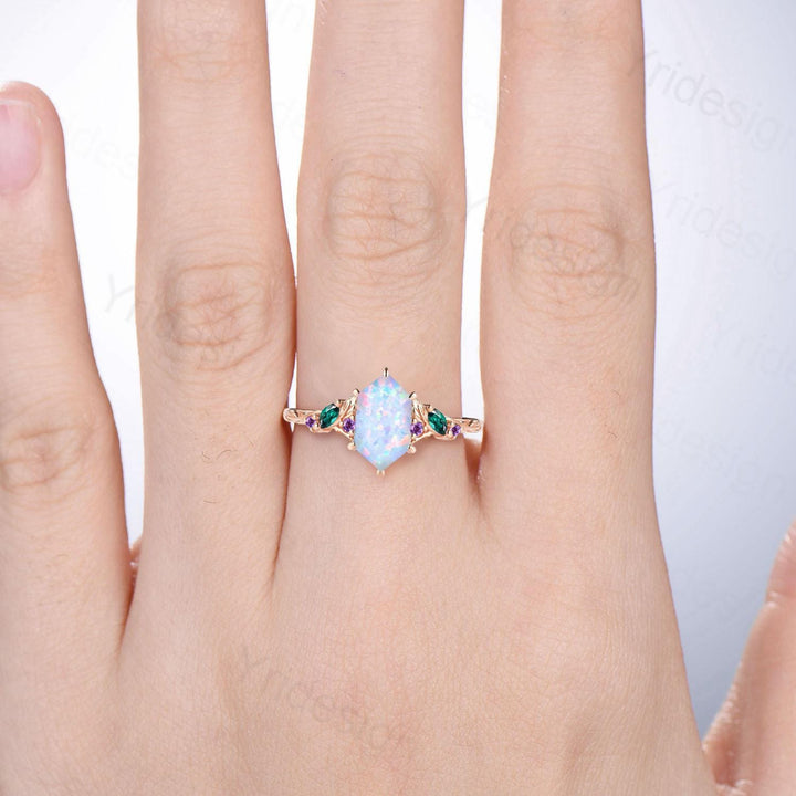 Vintage Fire Opal Engagement Ring, Marquise Emerald, Amethyst, 14K Rose Gold - PENFINE