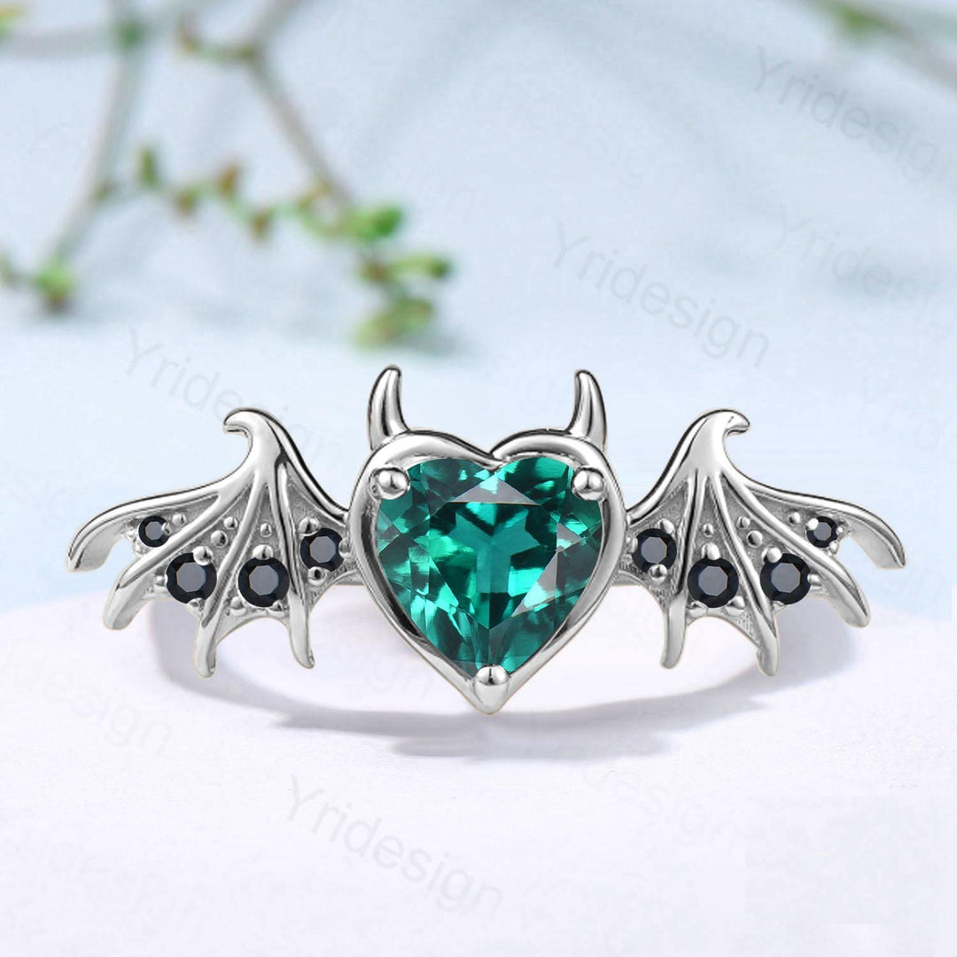 Heart Emerald Engagement Ring, Wing Black Spinel, Devil Promise Ring - PENFINE
