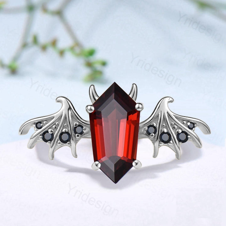 Shield Shaped Garnet Bat Engagement Ring Unique Wing Garnet Spinel Ring, Black Spinel Devil January Birthstone Engagement Ring - PENFINE