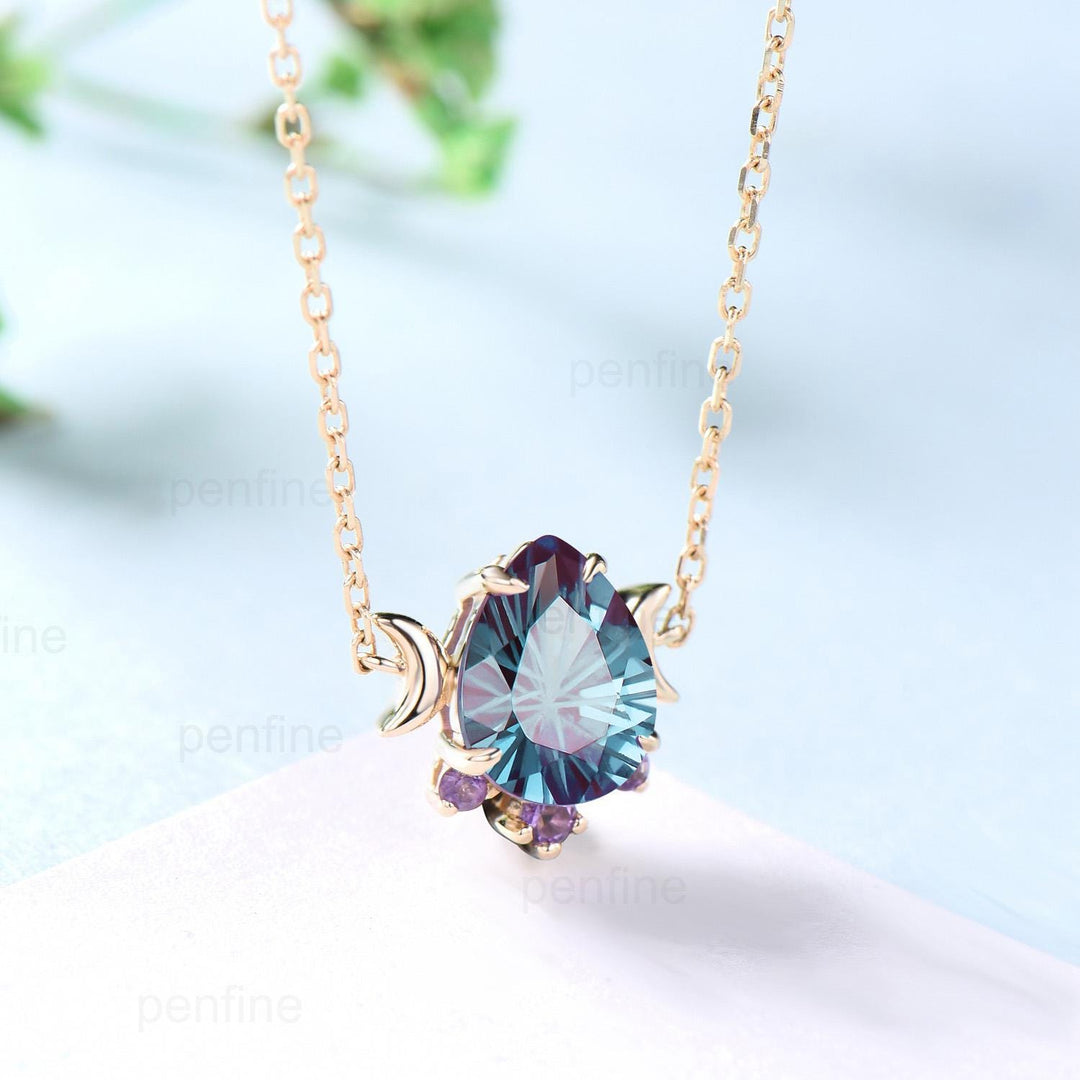 Teardrop Fireworks Cut Alexandrite Pendant Necklace, Cluster Amethyst, Crescent Moon, Sterling Silver - PENFINE