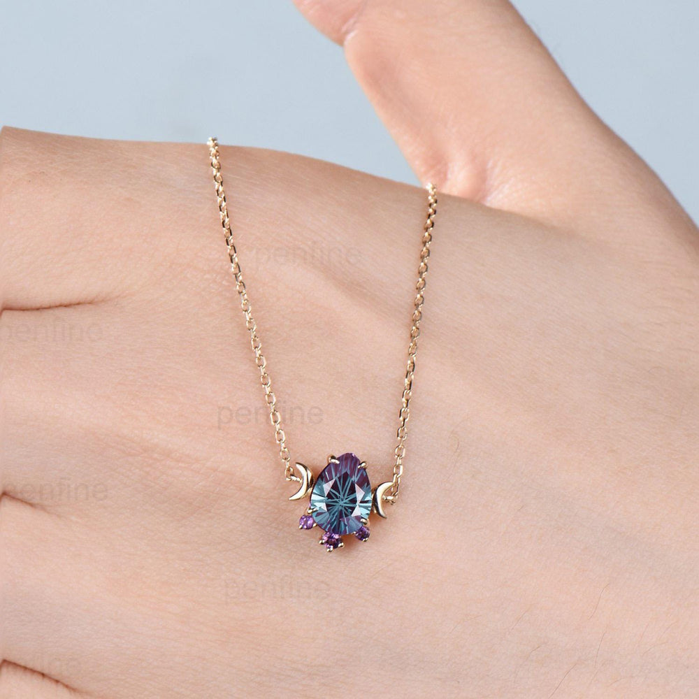 Teardrop Fireworks Cut Alexandrite Pendant Necklace, Cluster Amethyst, Crescent Moon, Sterling Silver - PENFINE