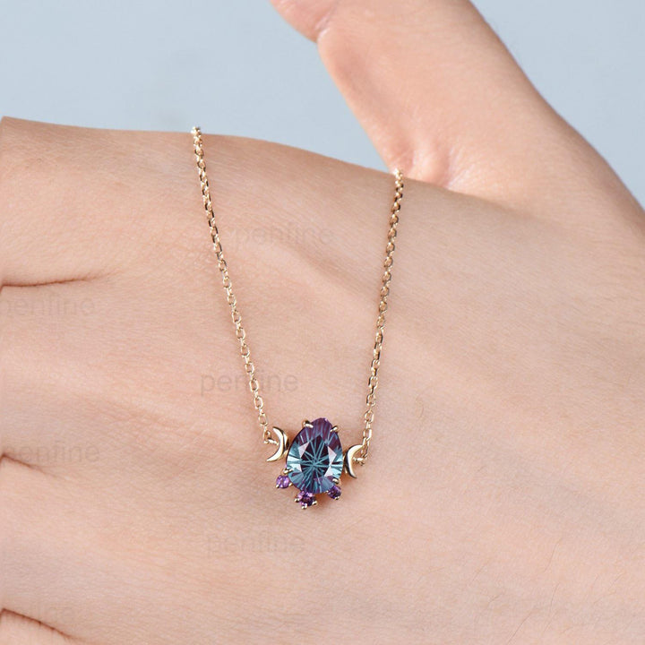Teardrop Fireworks Cut Alexandrite Pendant Necklace, Cluster Amethyst, Crescent Moon, Sterling Silver - PENFINE