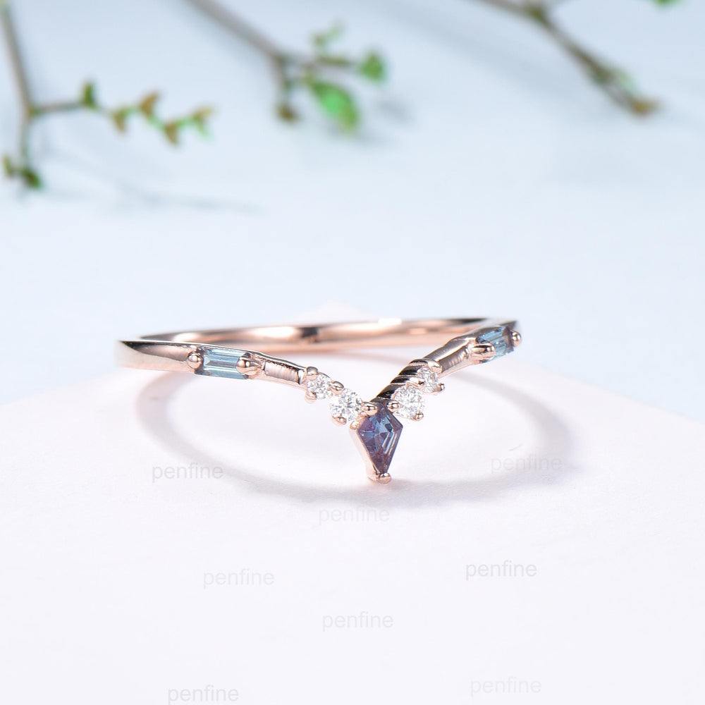 Curved Kite and Baguette Cut Alexandrite Wedding Band, Rose Gold Cluster Moissanite Ring - PENFINE