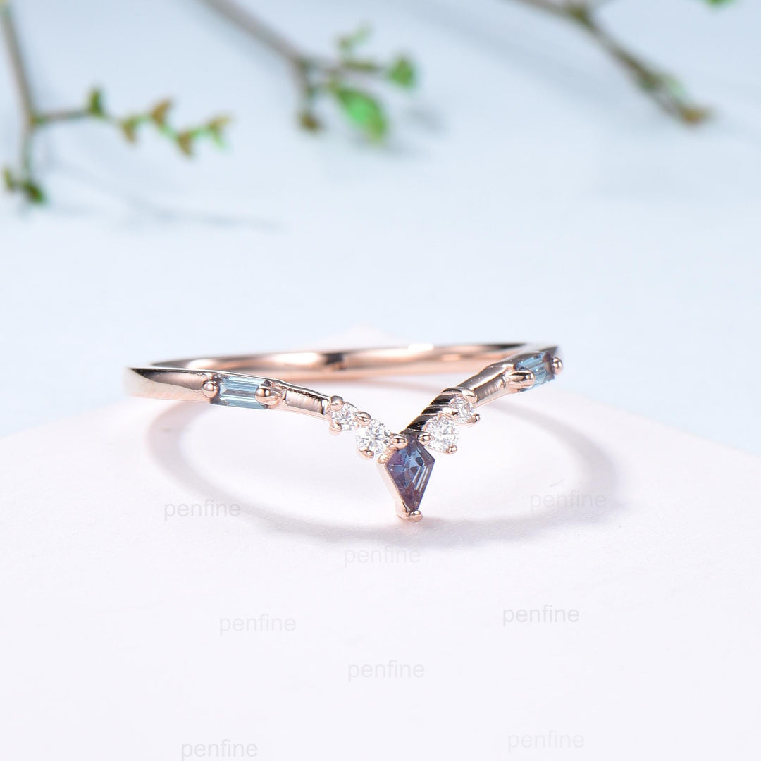 Curved Kite and Baguette Cut Alexandrite Wedding Band, Rose Gold Cluster Moissanite Ring - PENFINE
