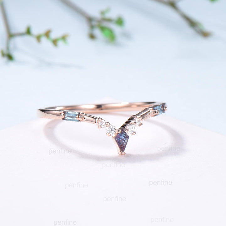 Curved Kite and Baguette Cut Alexandrite Wedding Band, Rose Gold Cluster Moissanite Ring - PENFINE