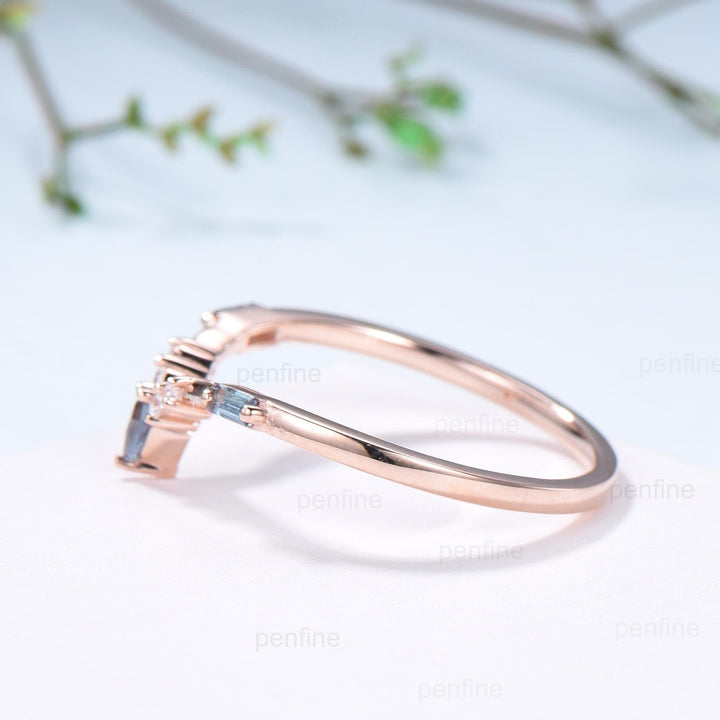 Curved Kite and Baguette Cut Alexandrite Wedding Band, Rose Gold Cluster Moissanite Ring - PENFINE