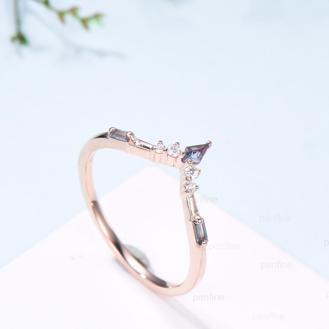 Curved Kite and Baguette Cut Alexandrite Wedding Band, Rose Gold Cluster Moissanite Ring - PENFINE