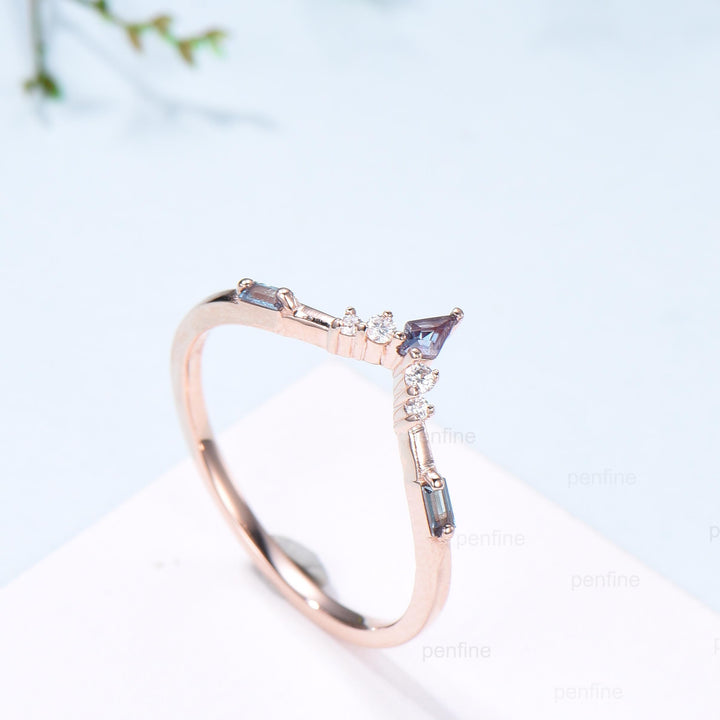 Curved Kite and Baguette Cut Alexandrite Wedding Band, Rose Gold Cluster Moissanite Ring - PENFINE