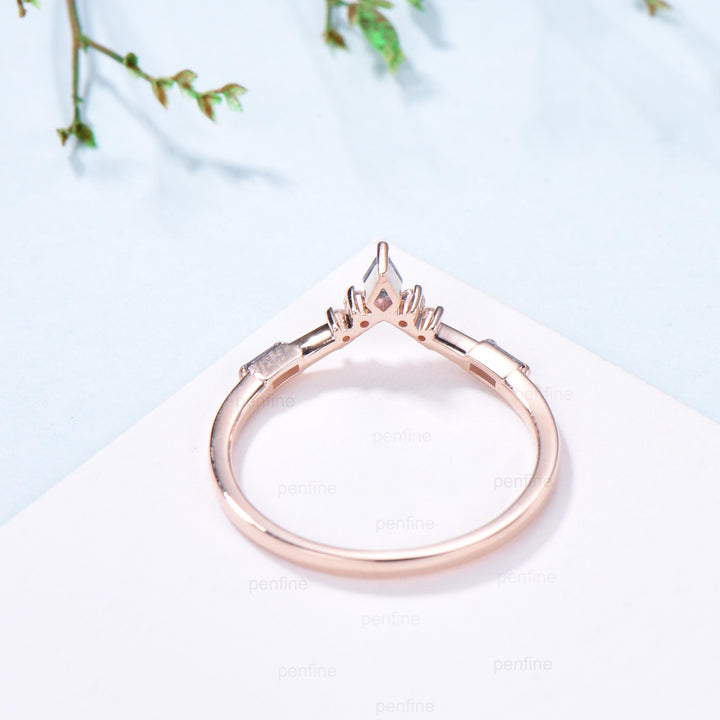 Curved Kite and Baguette Cut Alexandrite Wedding Band, Rose Gold Cluster Moissanite Ring - PENFINE