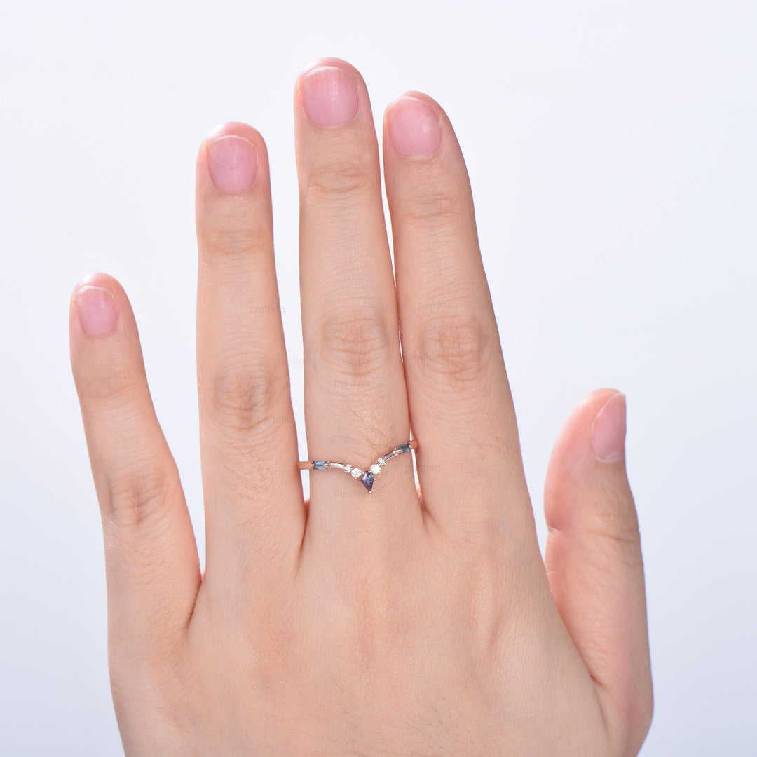 Curved Kite and Baguette Cut Alexandrite Wedding Band, Rose Gold Cluster Moissanite Ring - PENFINE