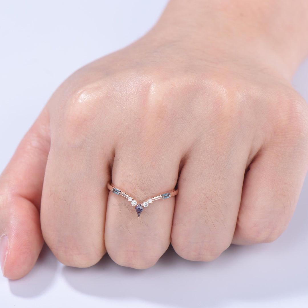 Curved Kite and Baguette Cut Alexandrite Wedding Band, Rose Gold Cluster Moissanite Ring - PENFINE