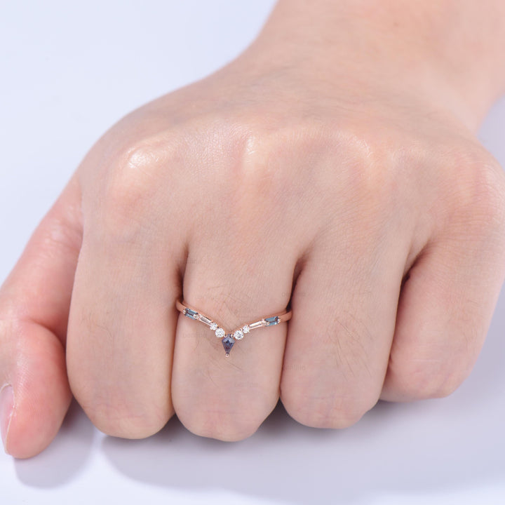 Curved Kite and Baguette Cut Alexandrite Wedding Band, Rose Gold Cluster Moissanite Ring - PENFINE