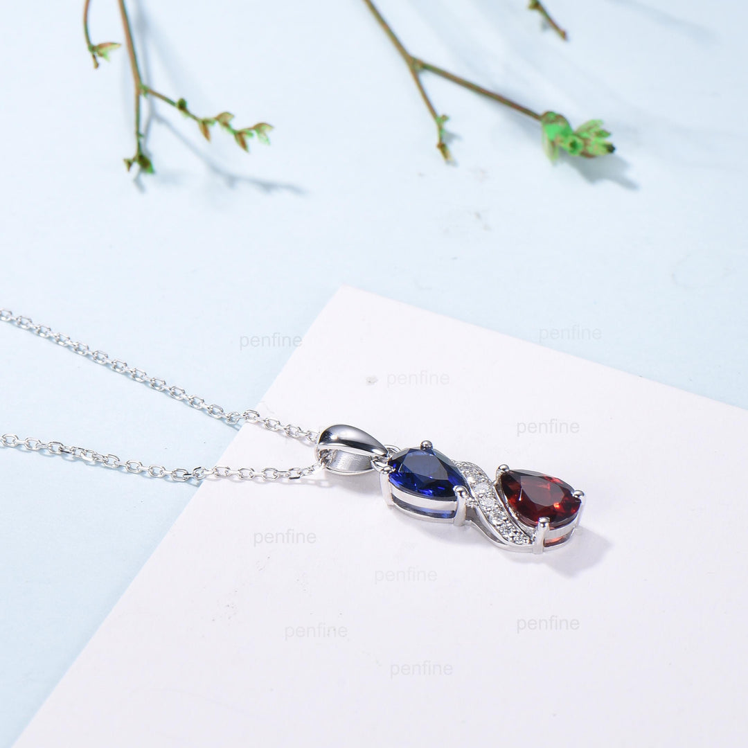 Sapphire Garnet Snake Pendant Necklace, Moissanite Diamond Accent, 14K White Gold - PENFINE