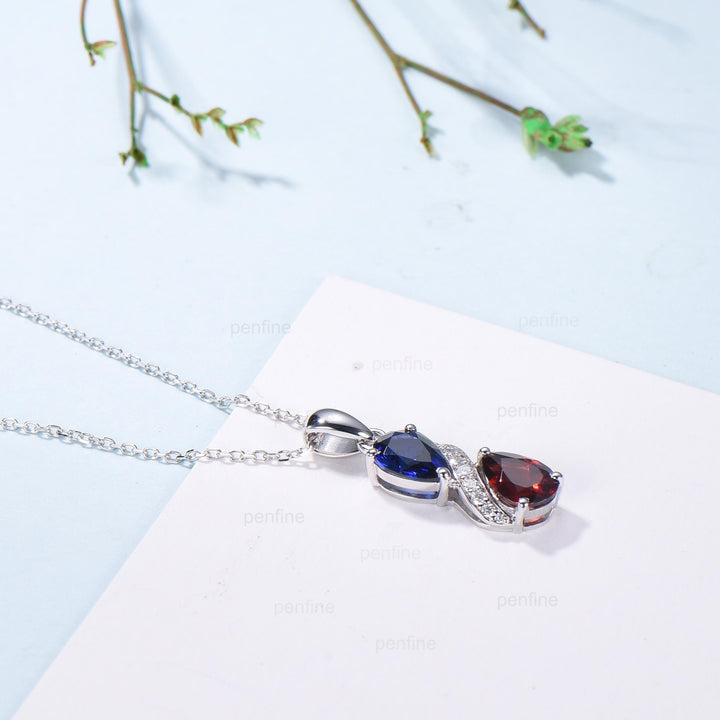 Sapphire Garnet Snake Pendant Necklace, Moissanite Diamond Accent, 14K White Gold - PENFINE