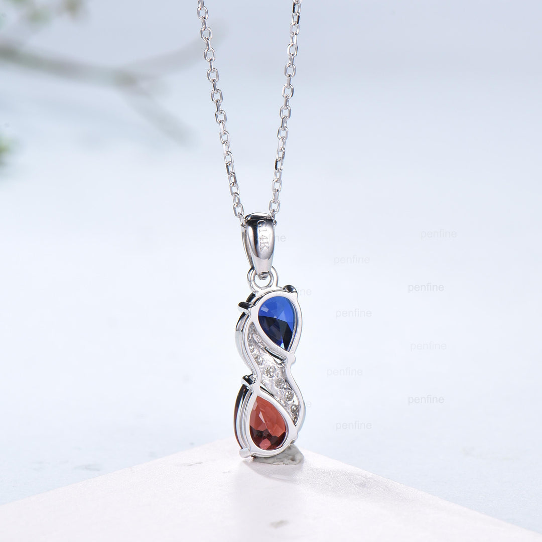 Sapphire Garnet Snake Pendant Necklace, Moissanite Diamond Accent, 14K White Gold - PENFINE