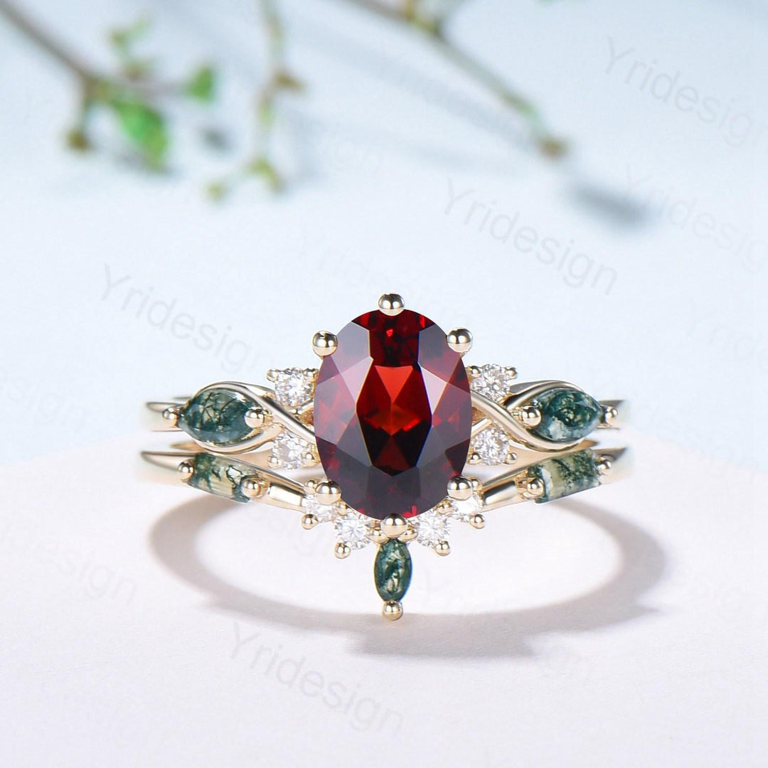 Vintage Oval Garnet Engagement Ring Set, Accent Marquise Moss Agate Yellow Gold Bridal Ring - PENFINE