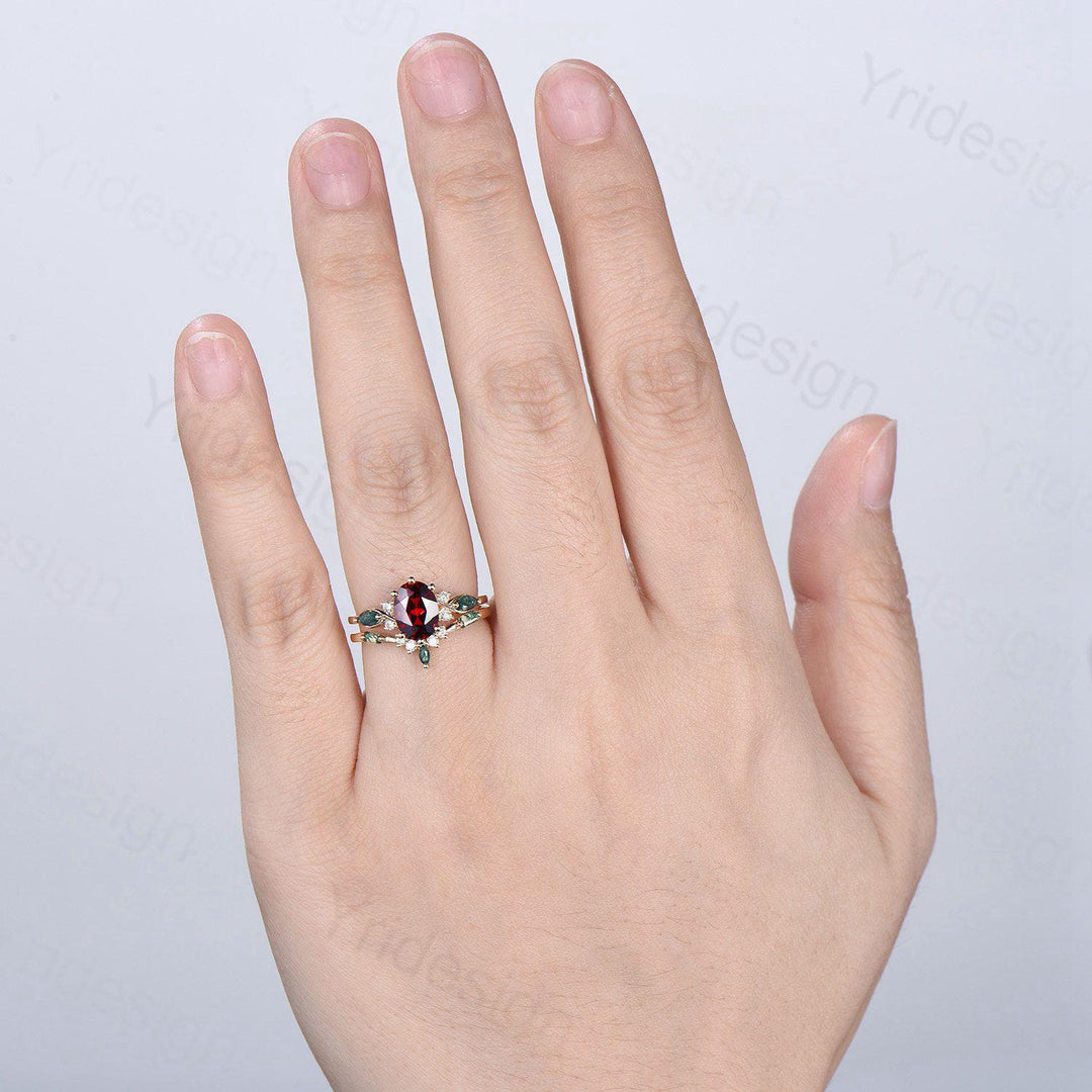 Vintage Oval Garnet Engagement Ring Set, Accent Marquise Moss Agate Yellow Gold Bridal Ring - PENFINE
