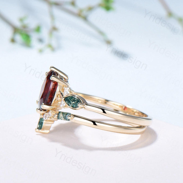 Vintage Oval Garnet Engagement Ring Set, Accent Marquise Moss Agate Yellow Gold Bridal Ring - PENFINE