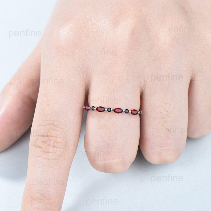 Garnet Black Spinel Eternity Wedding Band, Rose Gold Art Deco Anniversary Ring - PENFINE